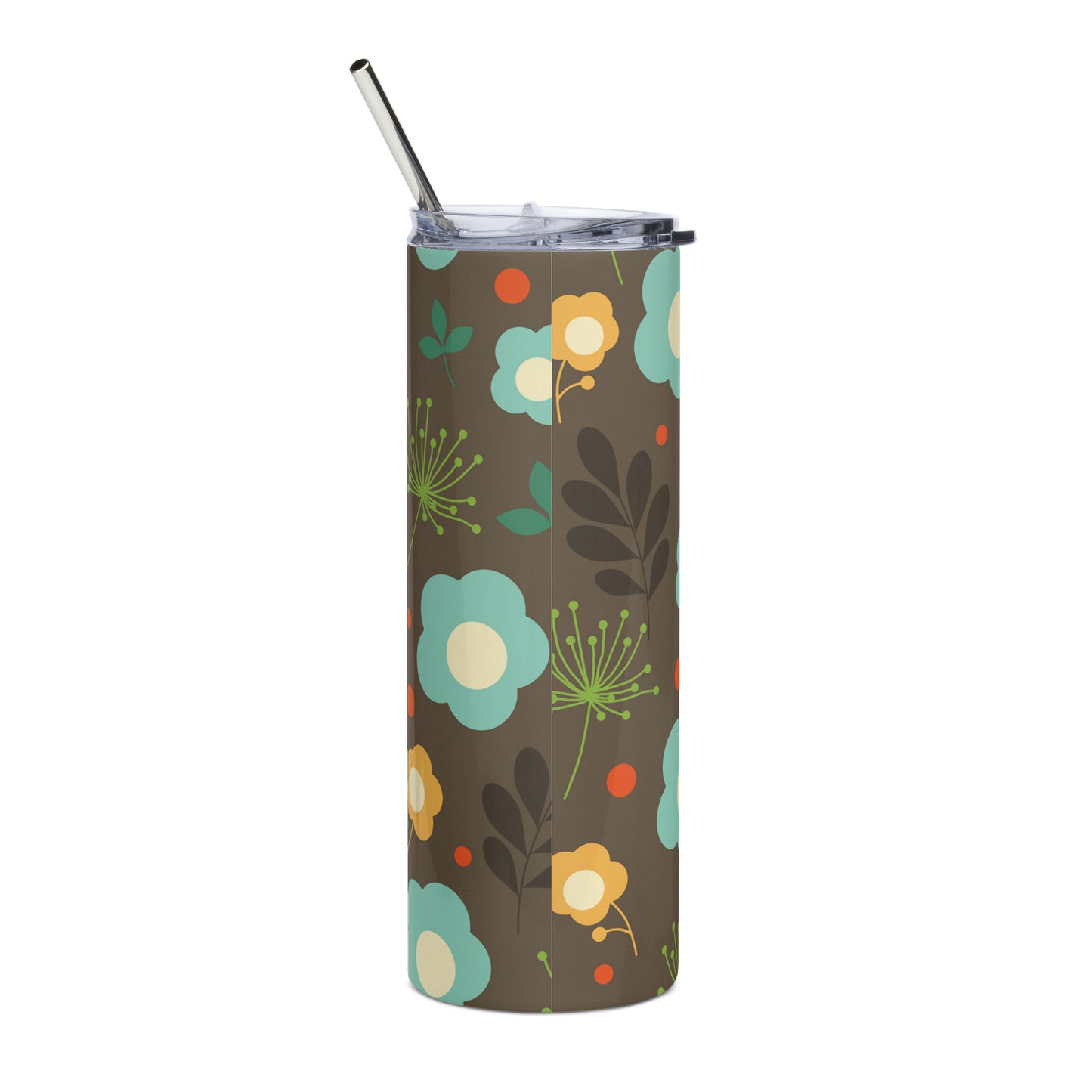 Stainless steel tumbler Retro Flowers Brown Orange Teal