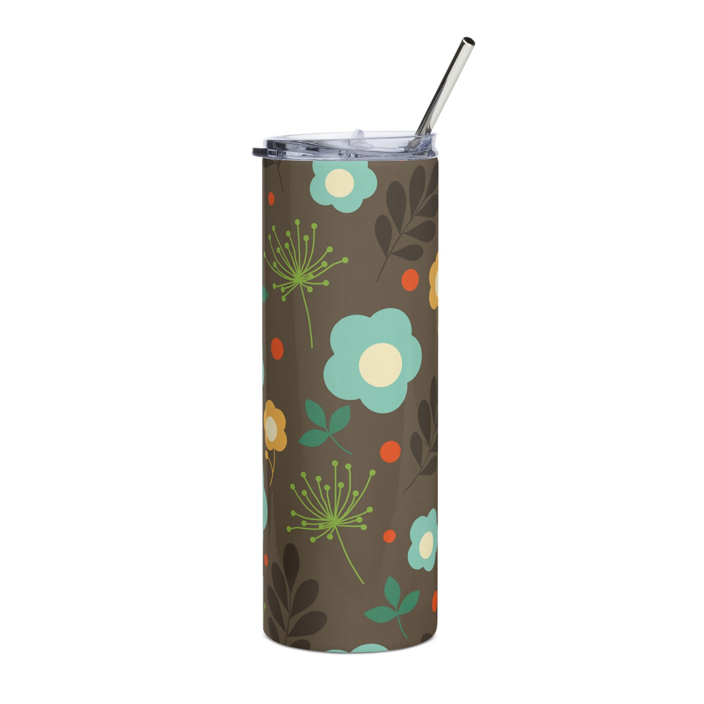 Stainless steel tumbler Retro Flowers Brown Orange Teal